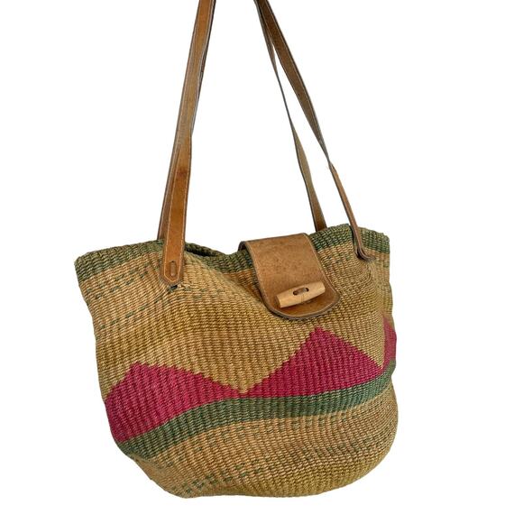Vintage Woven Sisal Jute Shoulder Bag Market Tote Leather Handles Boho Multi - Picture 3 of 10